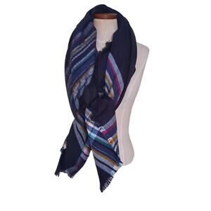 Navy w Multicolored Border Stripe wool Blend Big Square Scarf - Size 52" X 55"